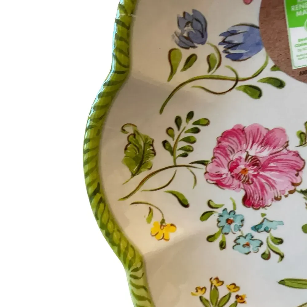 NEW Shabby Chic Floral Melamine Salad Plates 9in Set of 4 Scalloped Green Border